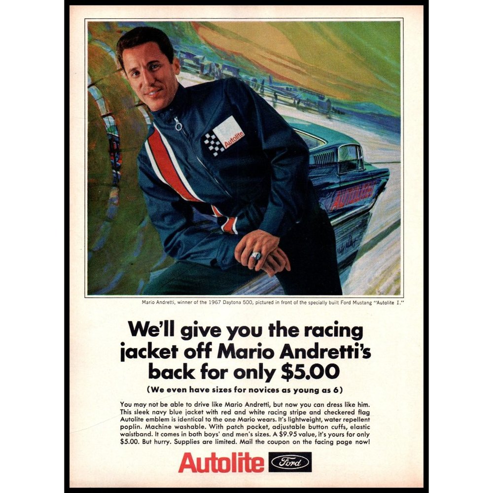1967 Ford Autolite Car Parts Racing Jacket Vintage Print Ad Mario Andretti Art